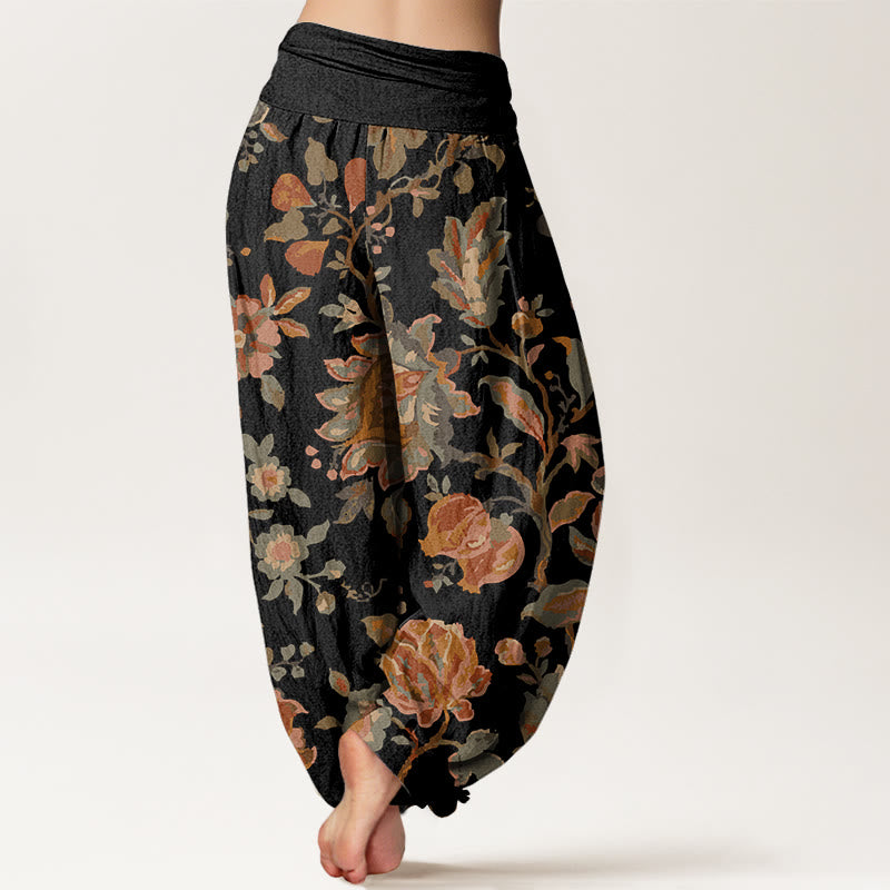 Cotton Casual Blooming Flowers Buds Design Women's Elastic Waist Harem Pants