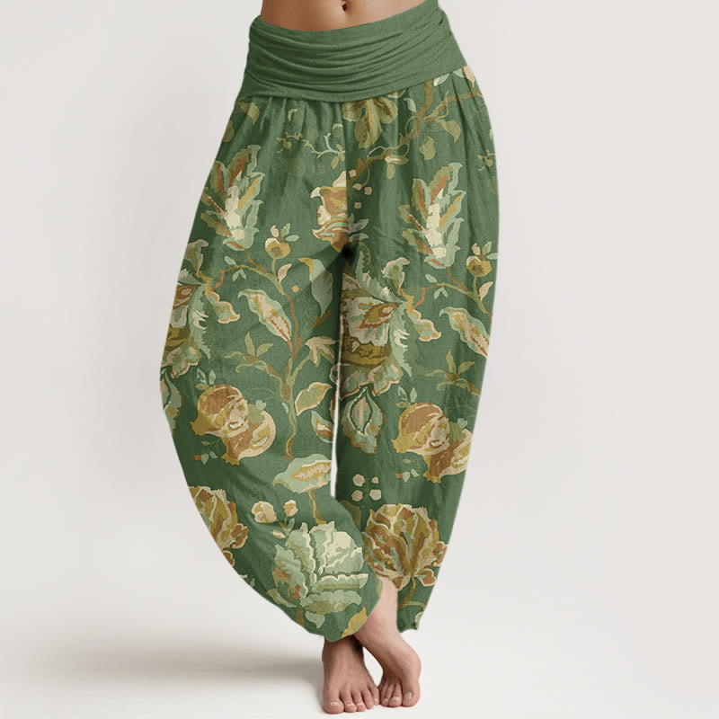 Cotton Casual Blooming Flowers Buds Design Women's Elastic Waist Harem Pants