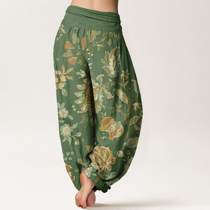 Cotton Casual Blooming Flowers Buds Design Women's Elastic Waist Harem Pants