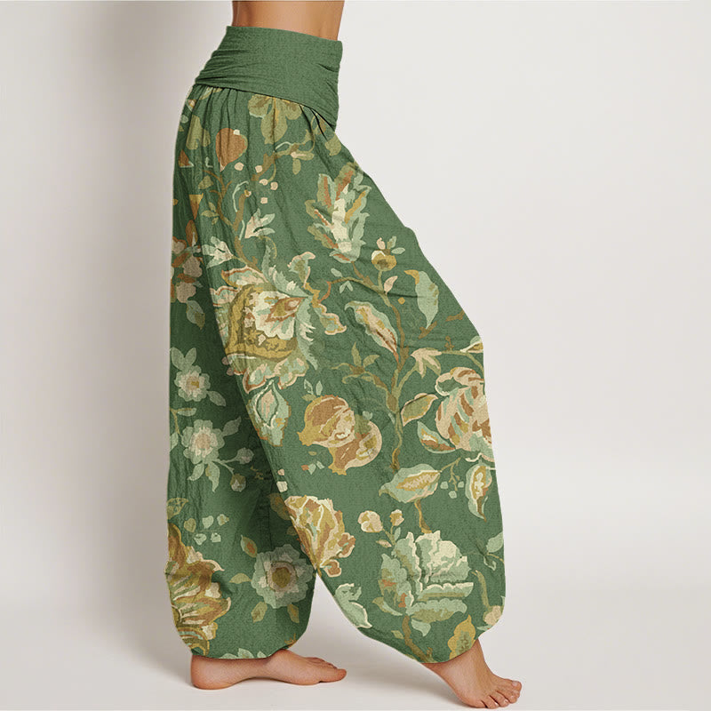 Cotton Casual Blooming Flowers Buds Design Women's Elastic Waist Harem Pants