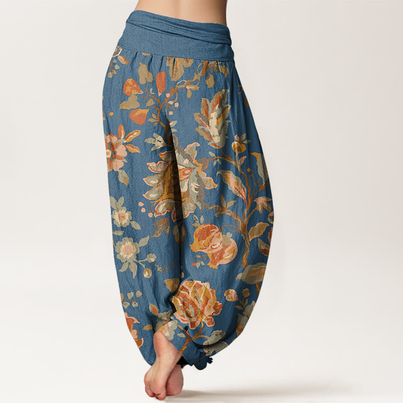 Cotton Casual Blooming Flowers Buds Design Women's Elastic Waist Harem Pants