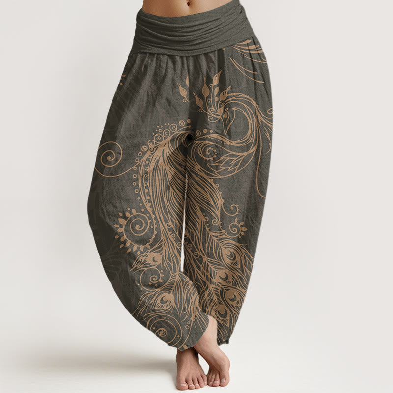 Cotton Casual Peacock Design Women's Elastic Waist Harem Pants