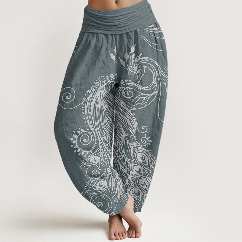 Cotton Casual Peacock Design Women's Elastic Waist Harem Pants