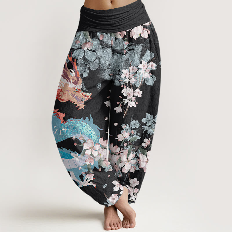 Cotton Casual Dragon Cherry Blossoms Women's Elastic Waist Harem Pants