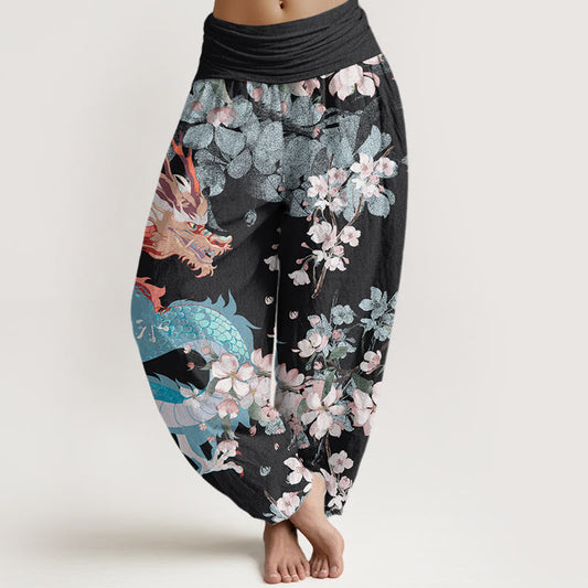 Cotton Casual Dragon Cherry Blossoms Women's Elastic Waist Harem Pants