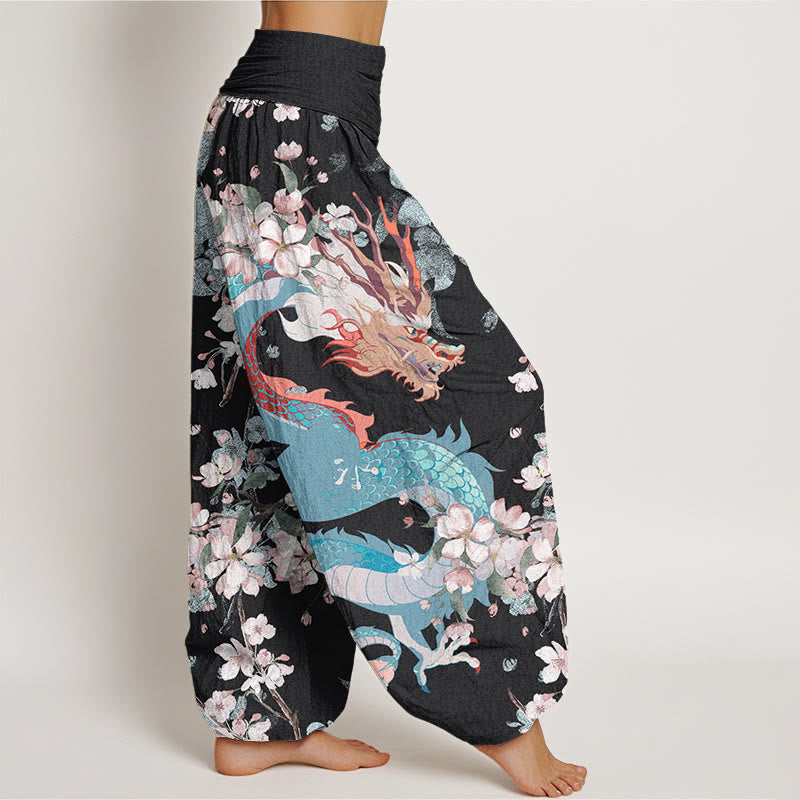 Cotton Casual Dragon Cherry Blossoms Women's Elastic Waist Harem Pants