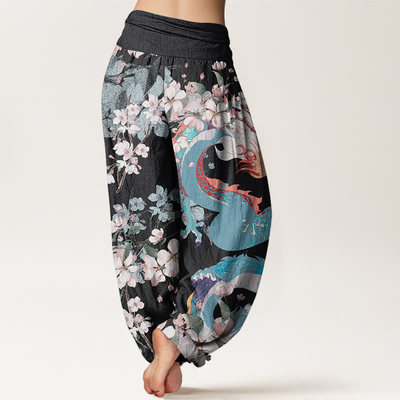Cotton Casual Dragon Cherry Blossoms Women's Elastic Waist Harem Pants