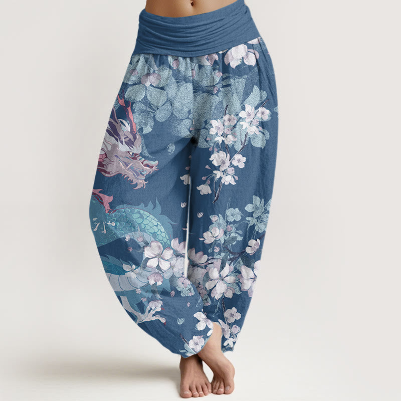 Cotton Casual Dragon Cherry Blossoms Women's Elastic Waist Harem Pants