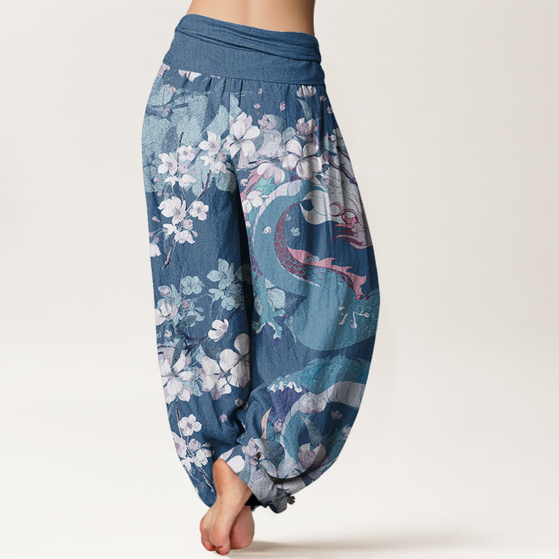Cotton Casual Dragon Cherry Blossoms Women's Elastic Waist Harem Pants