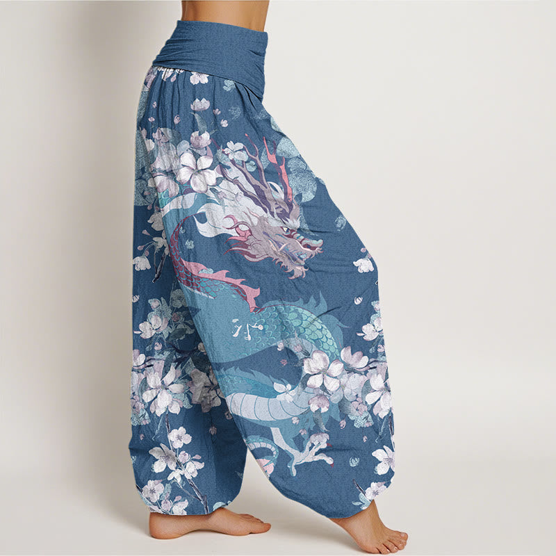 Cotton Casual Dragon Cherry Blossoms Women's Elastic Waist Harem Pants