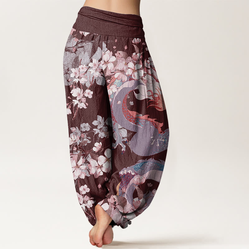 Cotton Casual Dragon Cherry Blossoms Women's Elastic Waist Harem Pants