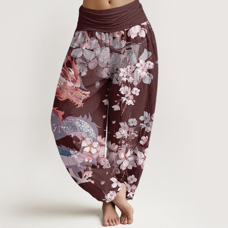 Cotton Casual Dragon Cherry Blossoms Women's Elastic Waist Harem Pants