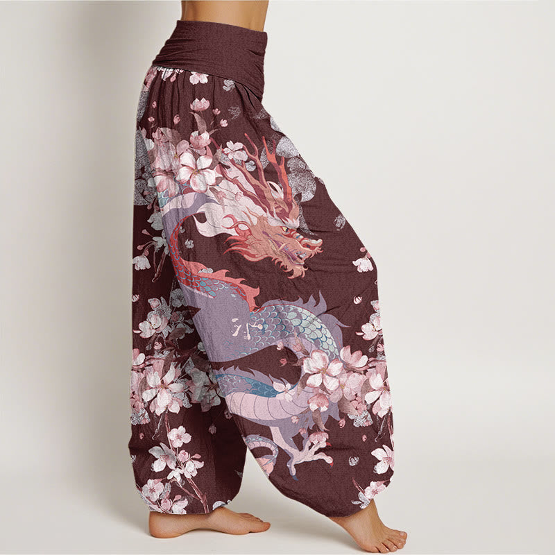 Cotton Casual Dragon Cherry Blossoms Women's Elastic Waist Harem Pants