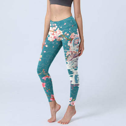 Dragon Cherry Blossoms Print Gym Leggings Women's Yoga Pants
