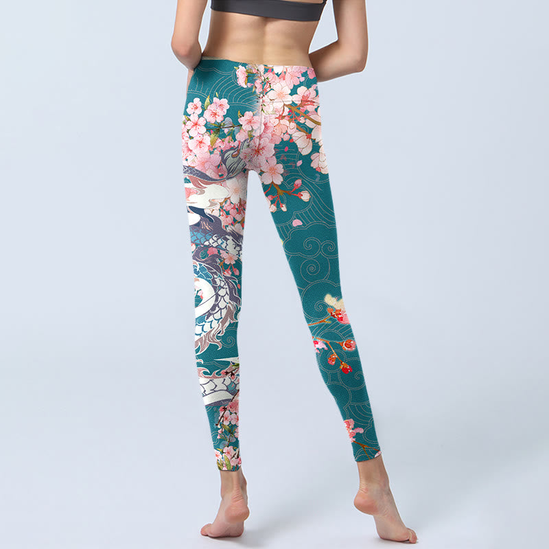 Dragon Cherry Blossoms Print Gym Leggings Women's Yoga Pants