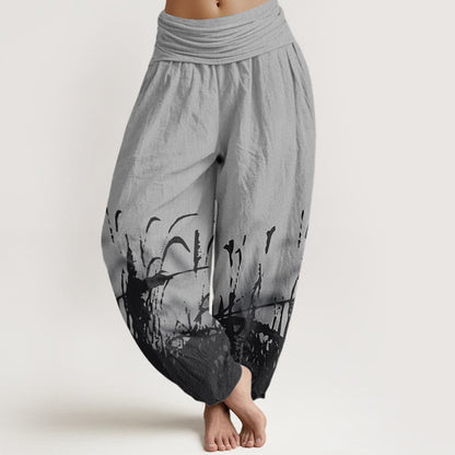 Cotton Wild Grass Pattern Women's Elastic Waist Harem Pants
