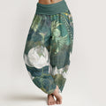 Cotton White Lotus Leaves Pattern Casual Women's Elastic Waist Harem Pants
