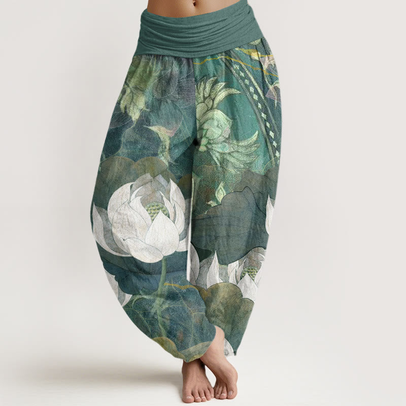 Cotton White Lotus Leaves Pattern Casual Women's Elastic Waist Harem Pants