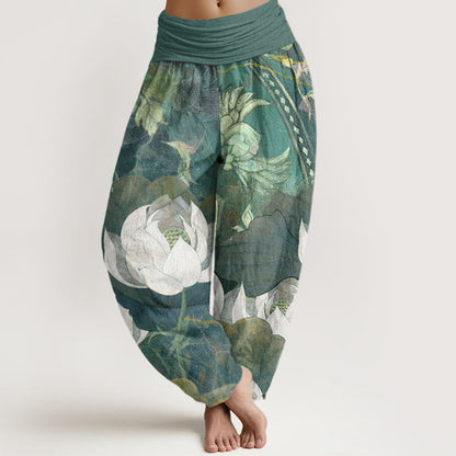 Cotton White Lotus Leaves Pattern Casual Women's Elastic Waist Harem Pants