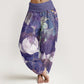 Cotton White Lotus Leaves Pattern Casual Women's Elastic Waist Harem Pants