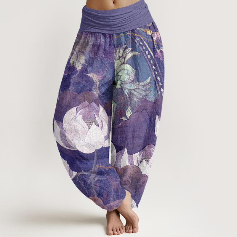 Cotton White Lotus Leaves Pattern Casual Women's Elastic Waist Harem Pants
