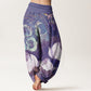 Cotton White Lotus Leaves Pattern Casual Women's Elastic Waist Harem Pants