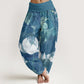 Cotton White Lotus Leaves Pattern Casual Women's Elastic Waist Harem Pants
