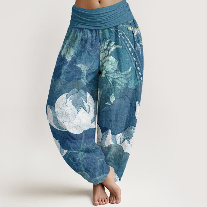 Cotton White Lotus Leaves Pattern Casual Women's Elastic Waist Harem Pants