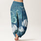 Cotton White Lotus Leaves Pattern Casual Women's Elastic Waist Harem Pants