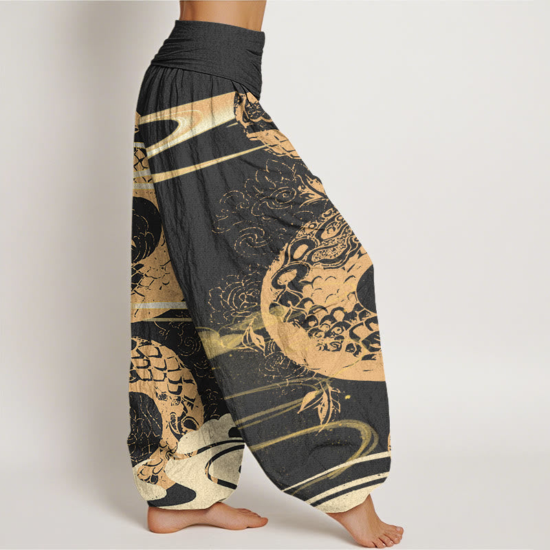 Cotton Auspicious Clouds With Snake Pattern Women's Elastic Waist Harem Pants
