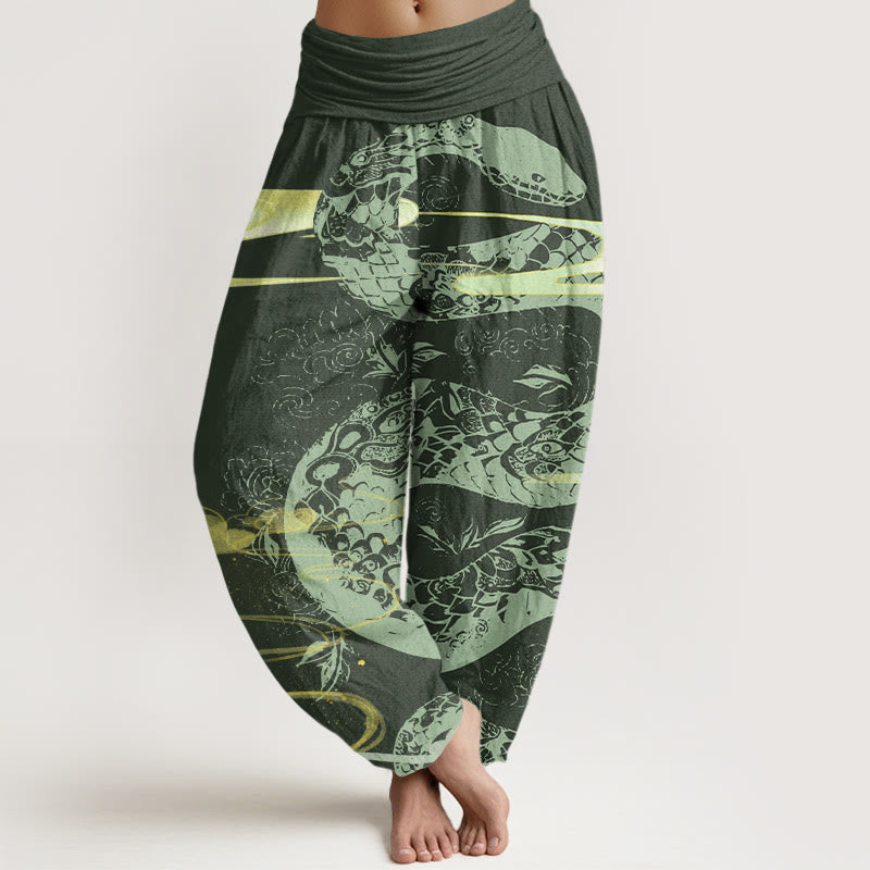 Cotton Auspicious Clouds With Snake Pattern Women's Elastic Waist Harem Pants