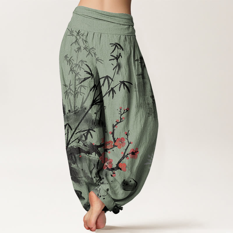 Cotton Plum Blossoms Bamboo Orchids Chrysanthemums Pattern Women's Elastic Waist Harem Pants