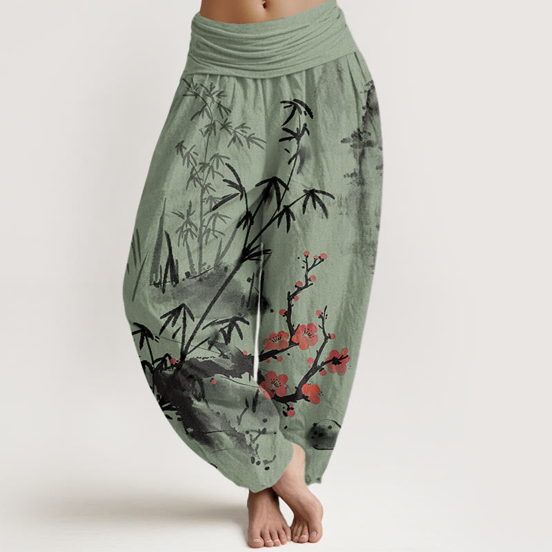 Cotton Plum Blossoms Bamboo Orchids Chrysanthemums Pattern Women's Elastic Waist Harem Pants