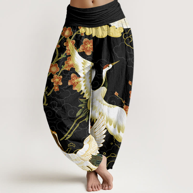 Cotton Cranes Flowers Auspicious Clouds pattern Women's Elastic Waist Harem Pants