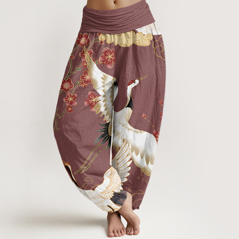 Cotton Cranes Flowers Auspicious Clouds pattern Women's Elastic Waist Harem Pants