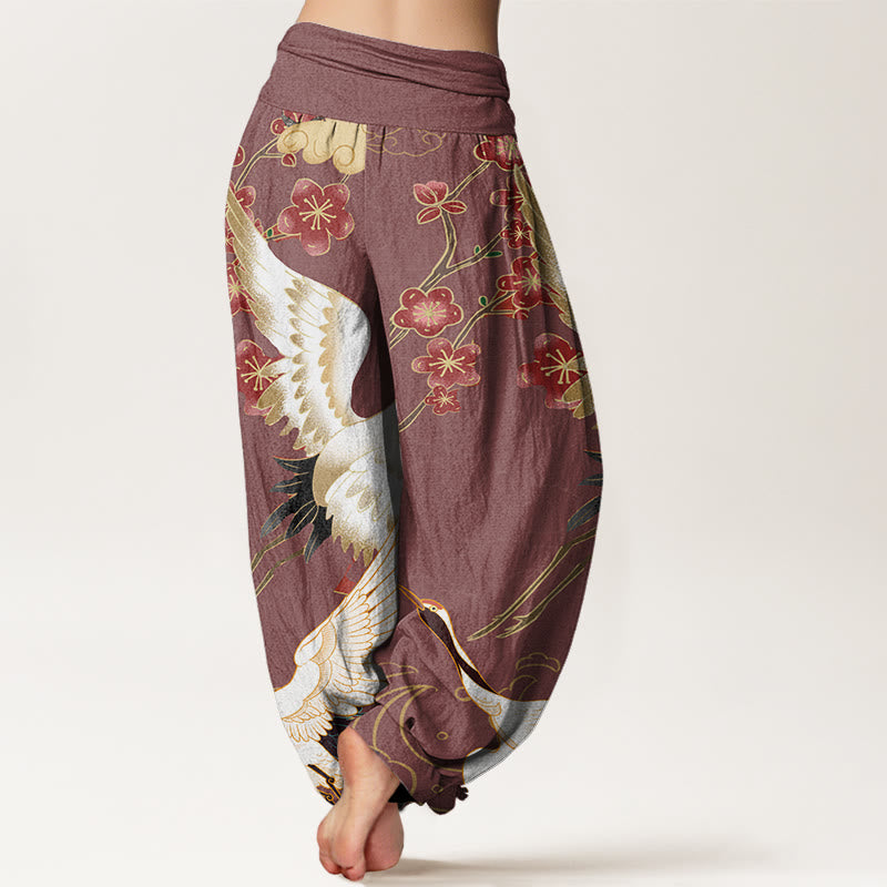 Cotton Cranes Flowers Auspicious Clouds pattern Women's Elastic Waist Harem Pants