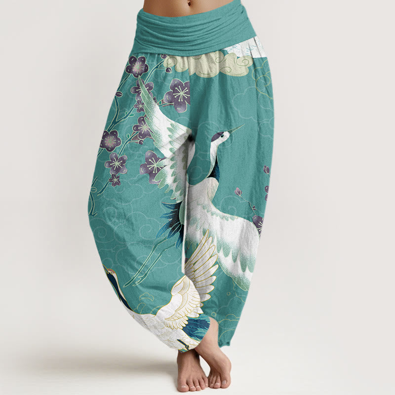 Cotton Cranes Flowers Auspicious Clouds pattern Women's Elastic Waist Harem Pants