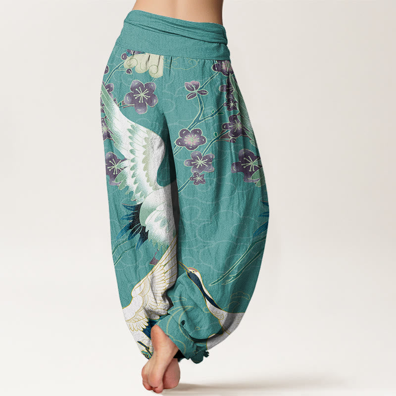 Cotton Cranes Flowers Auspicious Clouds pattern Women's Elastic Waist Harem Pants
