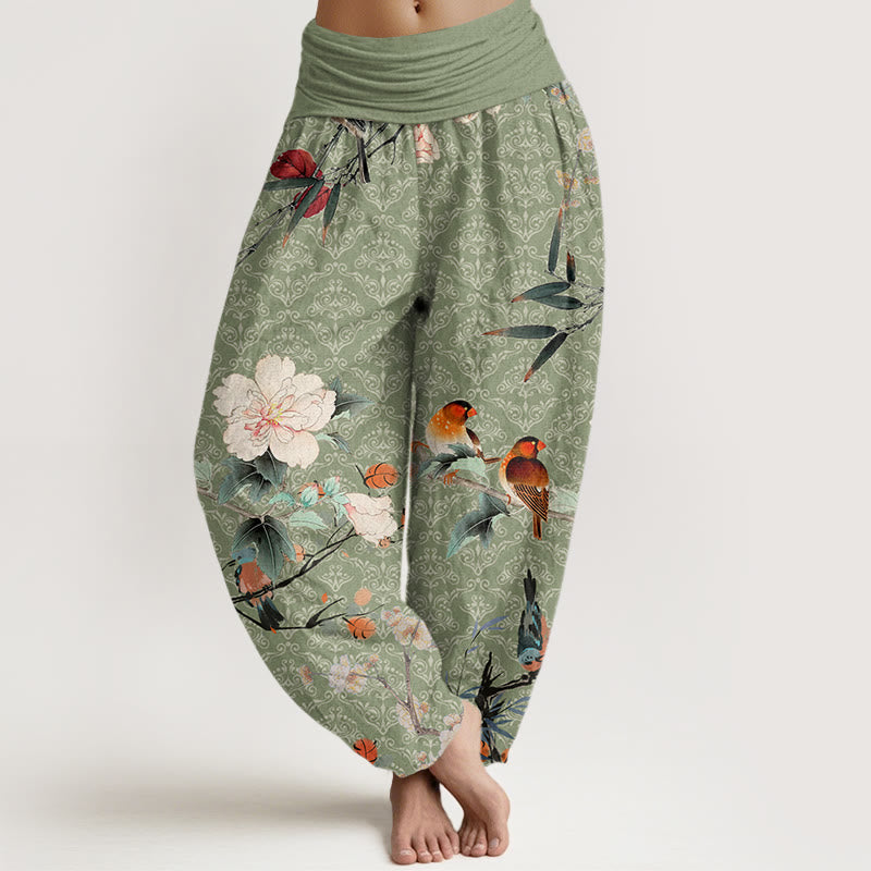 Cotton Warbler Bird Blooming Flower Branches Mandala Pattern Women's Elastic Waist Harem Pants