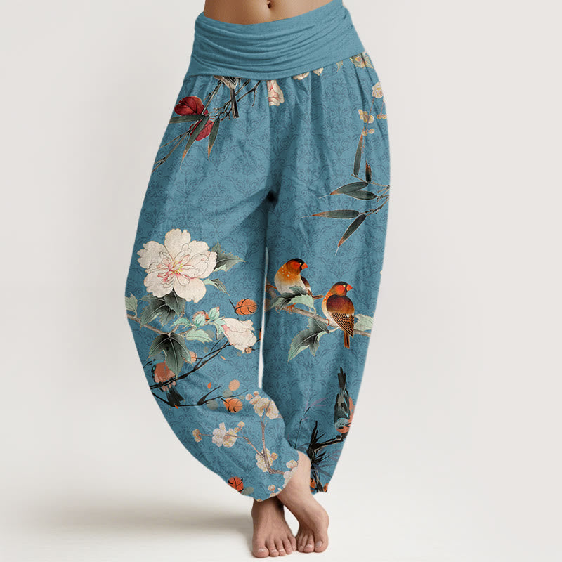 Cotton Warbler Bird Blooming Flower Branches Mandala Pattern Women's Elastic Waist Harem Pants