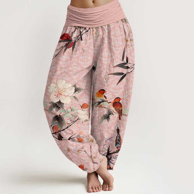 Cotton Warbler Bird Blooming Flower Branches Mandala Pattern Women's Elastic Waist Harem Pants