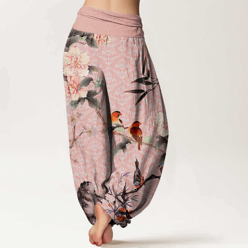 Cotton Warbler Bird Blooming Flower Branches Mandala Pattern Women's Elastic Waist Harem Pants
