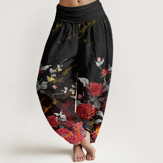 Cotton Blooming Roses Pattern Women's Elastic Waist Harem Pants