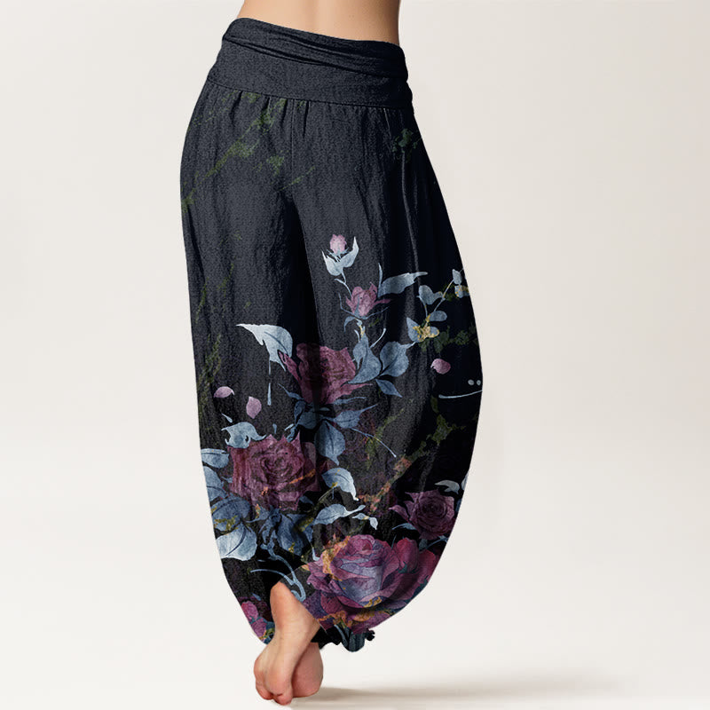 Cotton Blooming Roses Pattern Women's Elastic Waist Harem Pants