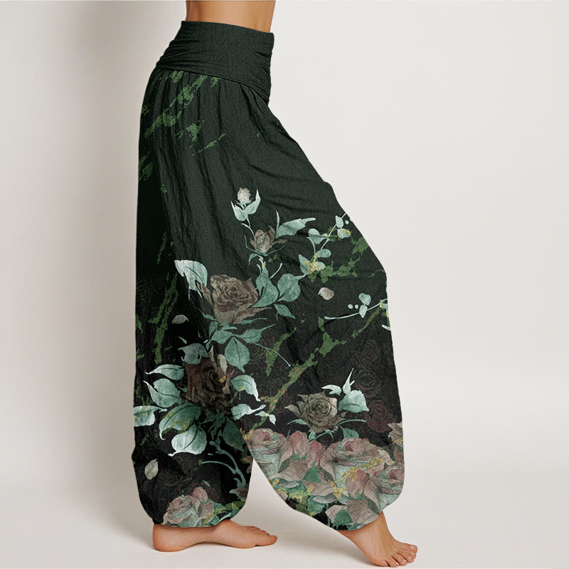 Cotton Blooming Roses Pattern Women's Elastic Waist Harem Pants