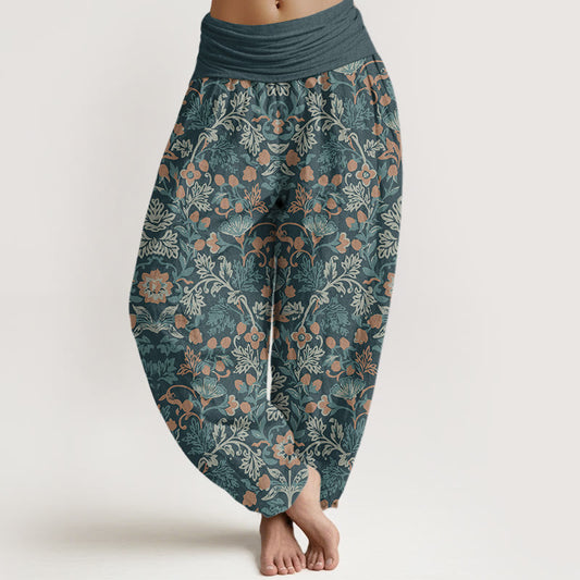 Cotton Casual Flower Vine Leaves Pattern Women's Elastic Waist Harem Pants