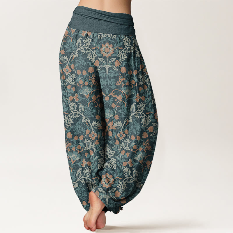 Cotton Casual Flower Vine Leaves Pattern Women's Elastic Waist Harem Pants