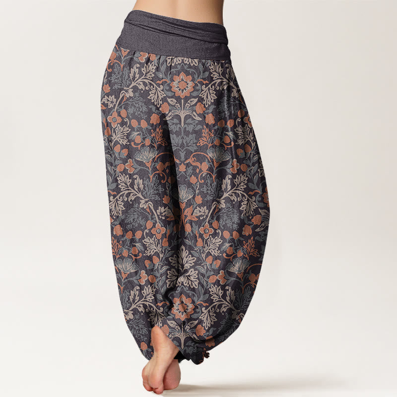 Cotton Casual Flower Vine Leaves Pattern Women's Elastic Waist Harem Pants