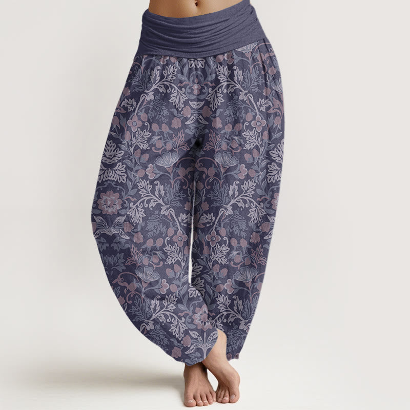 Cotton Casual Flower Vine Leaves Pattern Women's Elastic Waist Harem Pants
