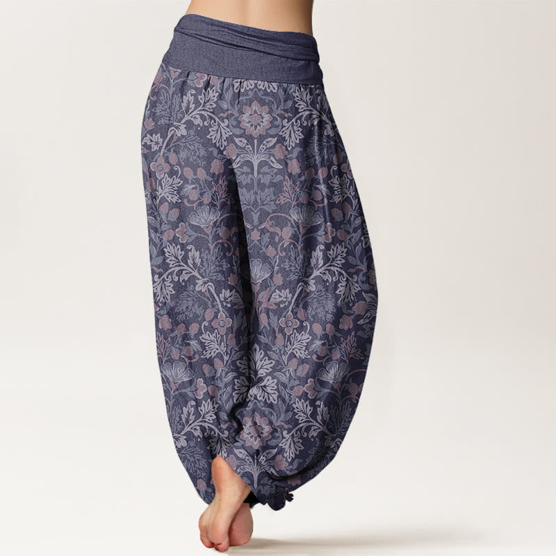 Cotton Casual Flower Vine Leaves Pattern Women's Elastic Waist Harem Pants